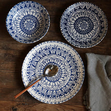 Load image into Gallery viewer, Dinner Plates Bohemian blue geometric pattern underglaze ceramic plate
